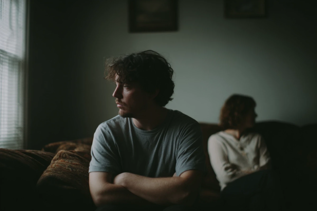 Man sitting apart during conversation, showing physical and emotional distance