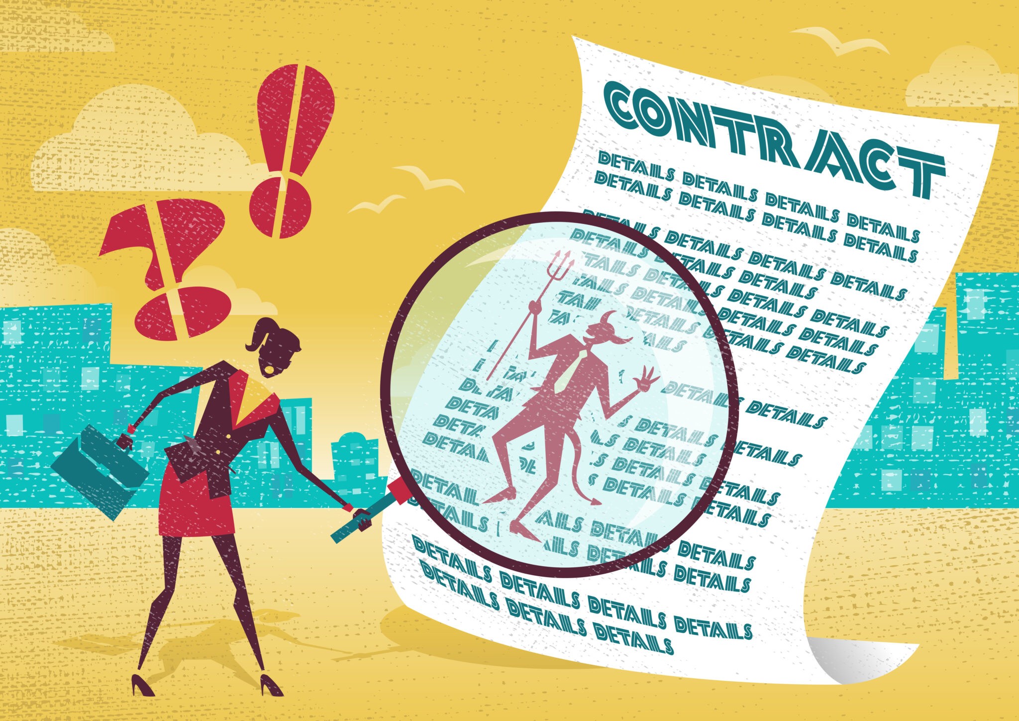 Cartoon image of a woman holding a magnifying glass over a document that says contract on the top, the magnified image shows a dancing devil 