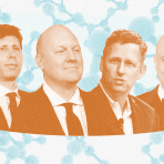 Illustrated portraits of business leaders associated with longevity and life-extension investing