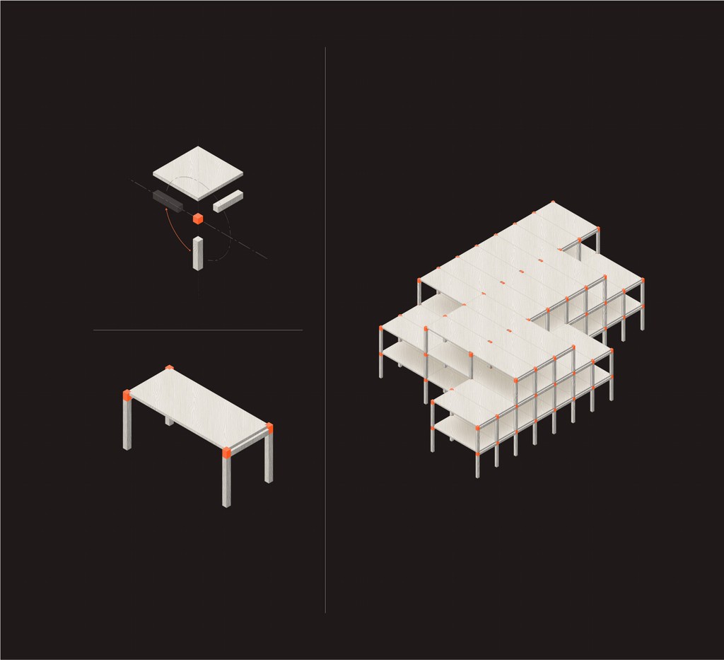 Illustration of TMBR’s modular Typology Kits, showcasing pre-engineered beams, columns, and panels designed for efficient mass timber construction.