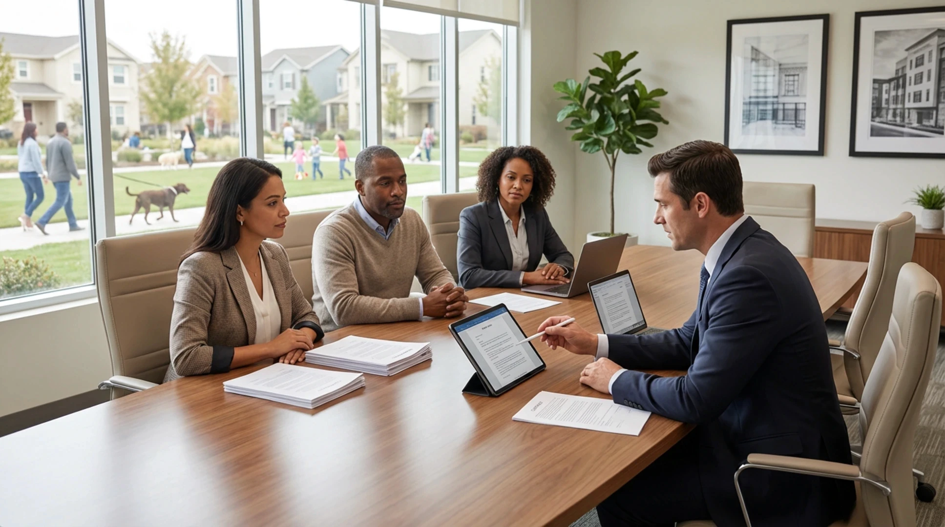 HOA board meeting reviewing bulk Wi-Fi Miami contract terms with provider representative