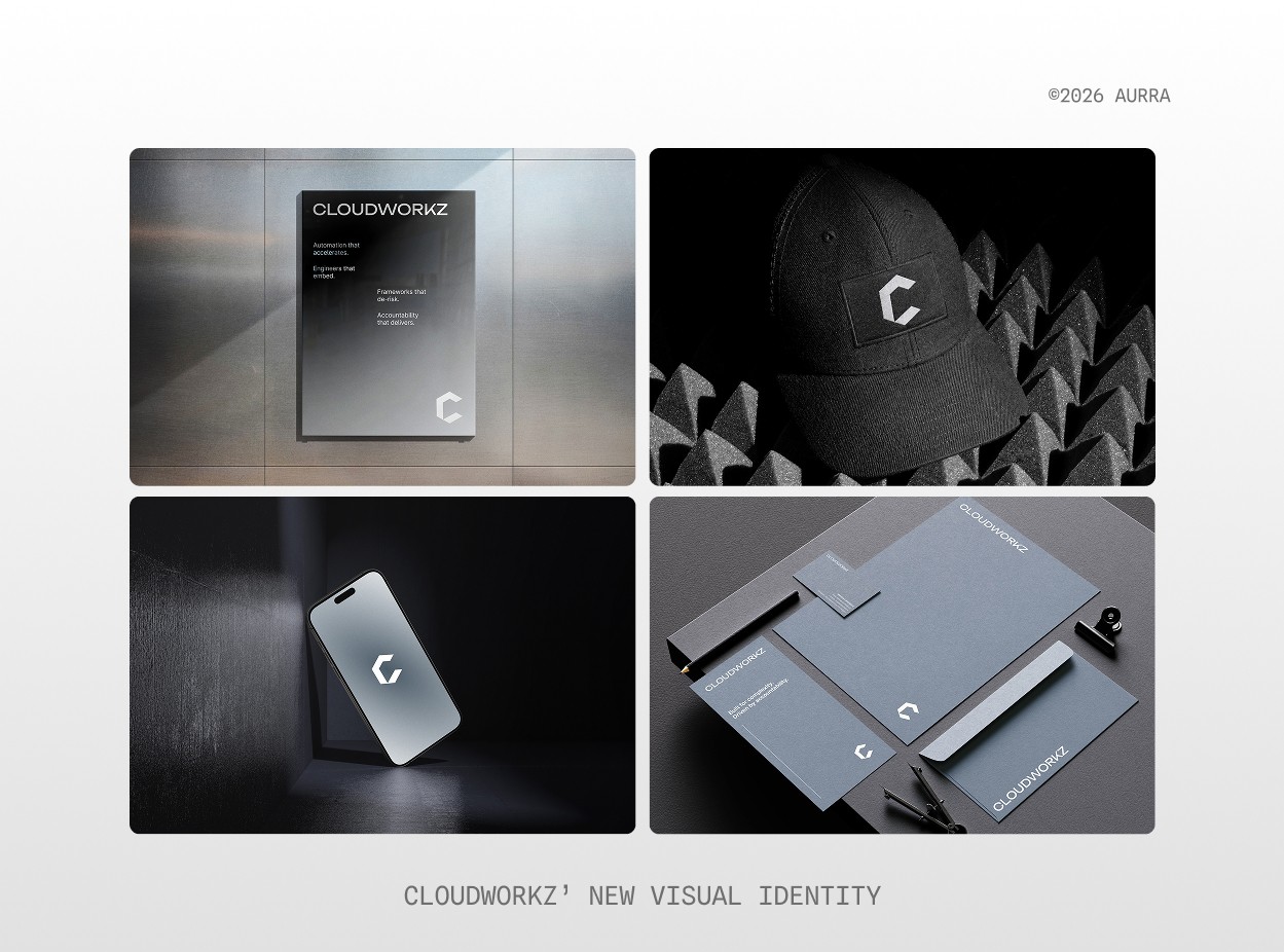 Cloudworkz brand identity applied to a poster, cap, phone screen, and stationery in grey and black