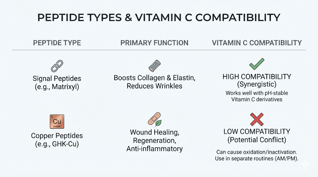 Peptide types chart showing vitamin C compatibility levels