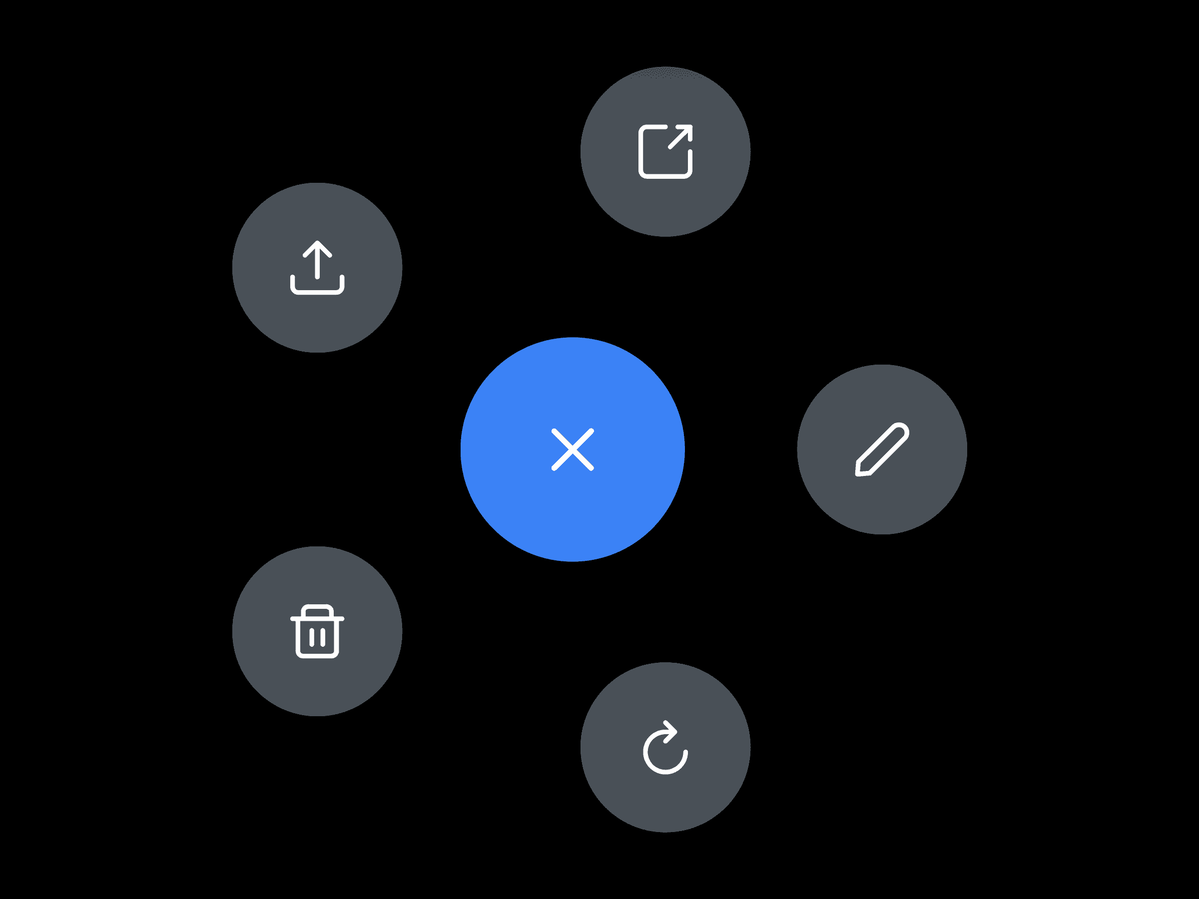 В радиальном меню на черном фоне в центре находится синий кружок с буквой «X», а вокруг него — пять значков: «Поделиться», «Открыть», «Редактировать», «Удалить» и «Обновить».