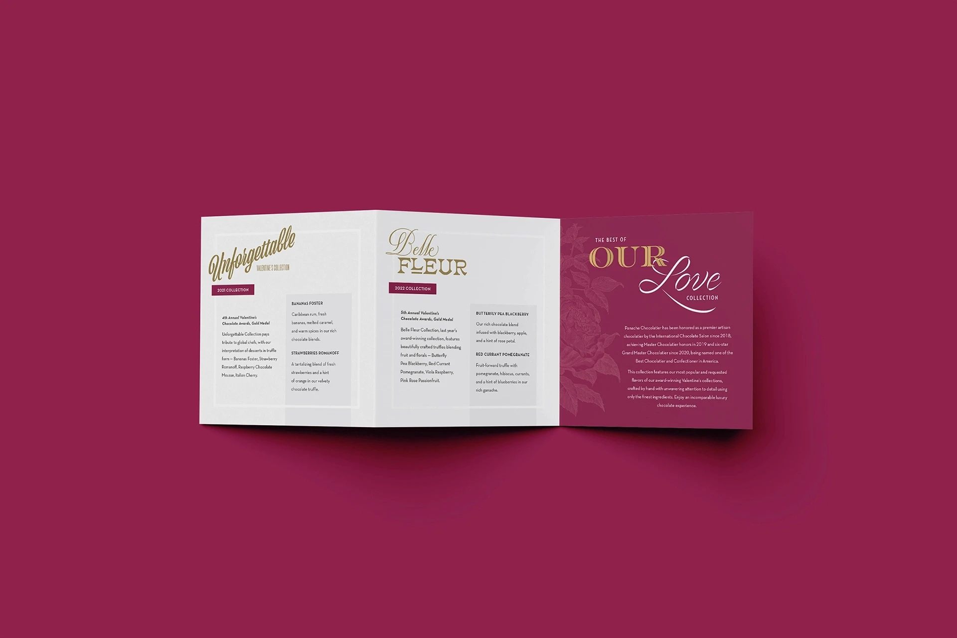 Z-fold design for Panache Chocolatier's 2023 Valentine's Day truffle collection 'The Best of Our Love,' featuring previous years' title designs with sans-serif tasting notes and a monoline drawing of a rose on a pink background.