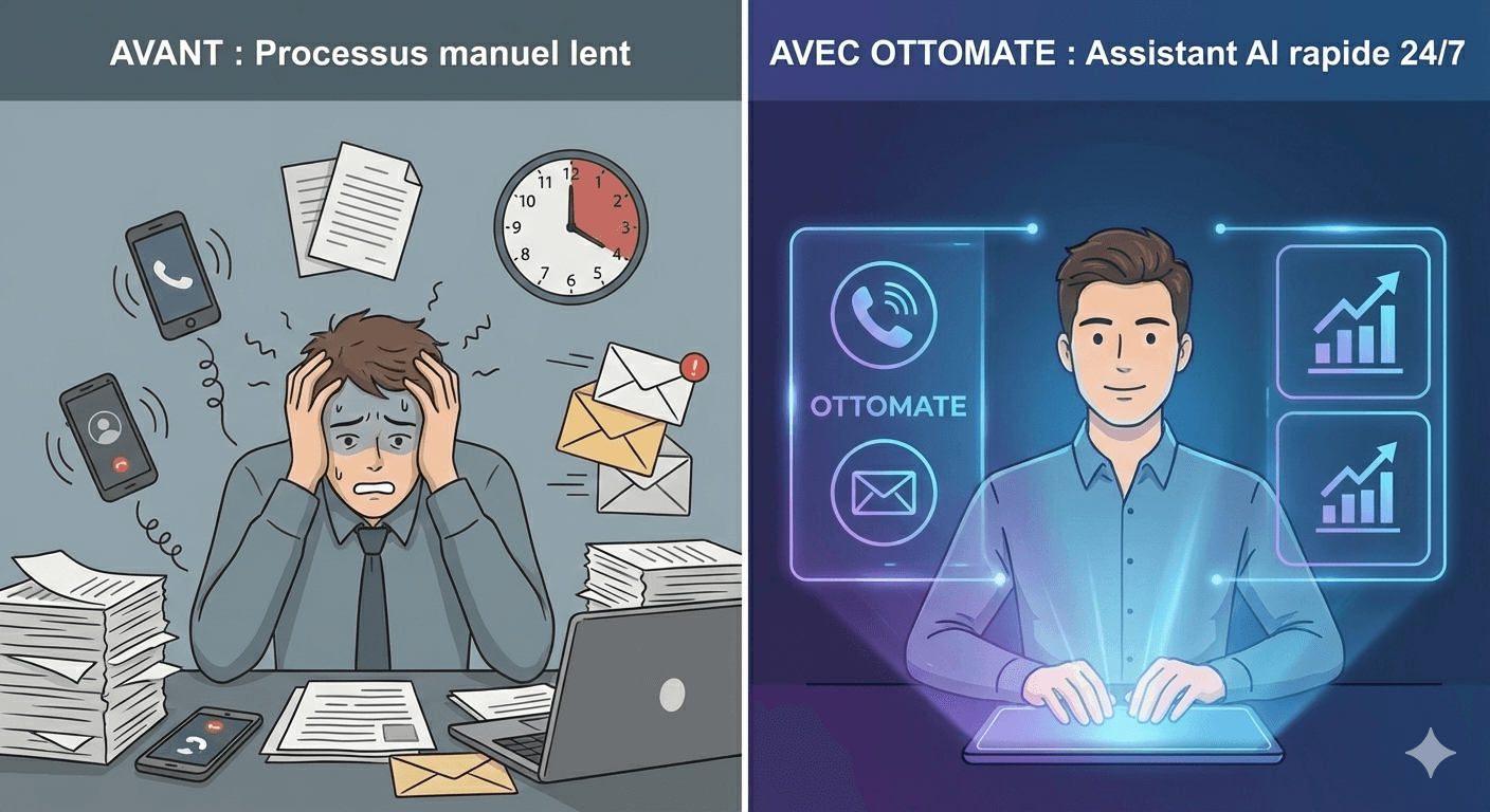 Un comparatif visuel simple. À gauche "Avant : Processus manuel lent", à droite "Après : Assistant AI Ottomate rapide et disponible 24/7"