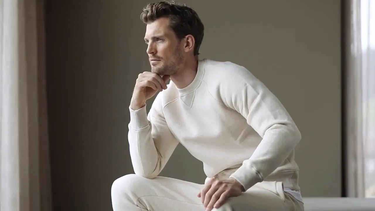 OGÉR campaign image of a man in a cream knit sweater, seated by a window