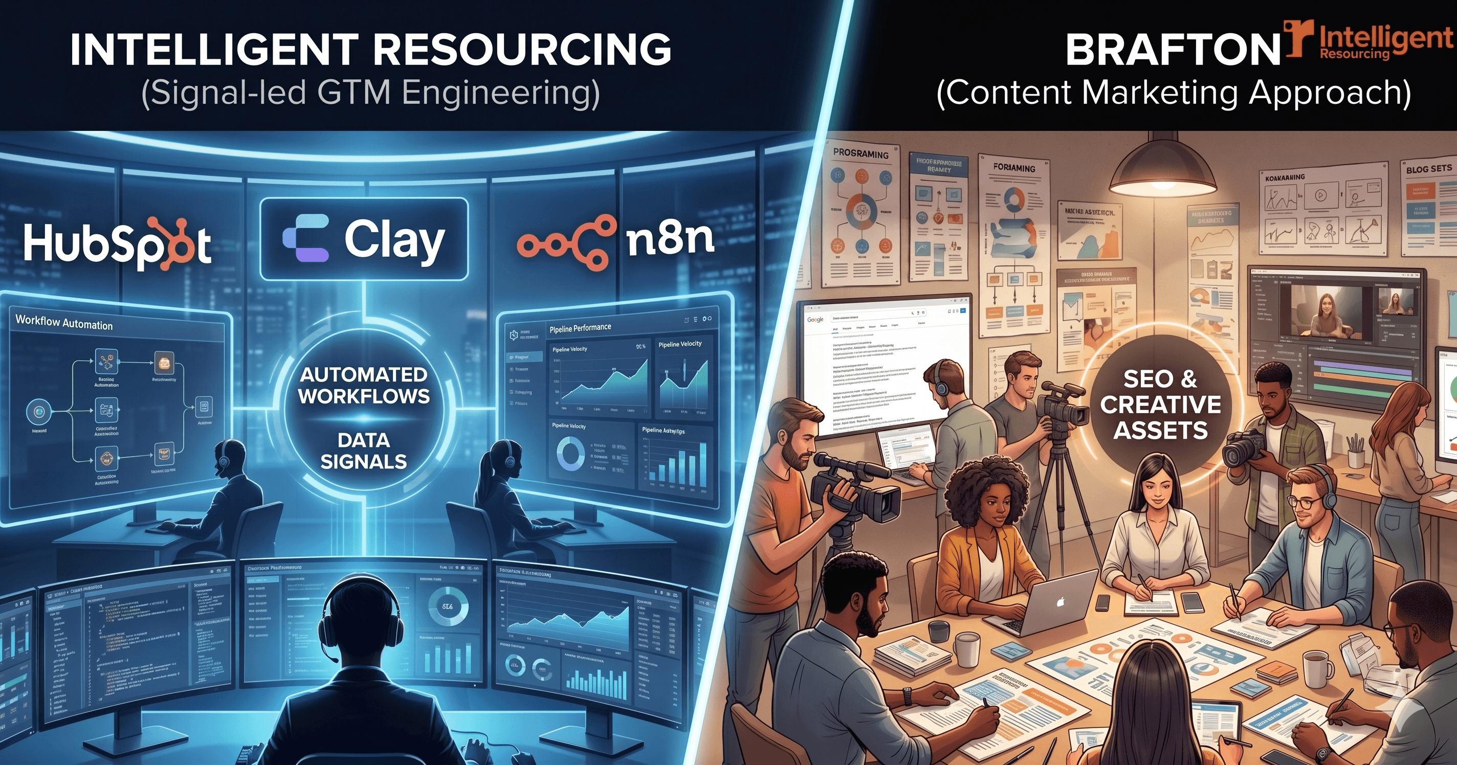 A split-screen comparison: the left side shows a high-tech control room representing automated "Signal-led GTM Engineering," while the right side depicts a traditional office setting representing a manual "Content Marketing Approach."