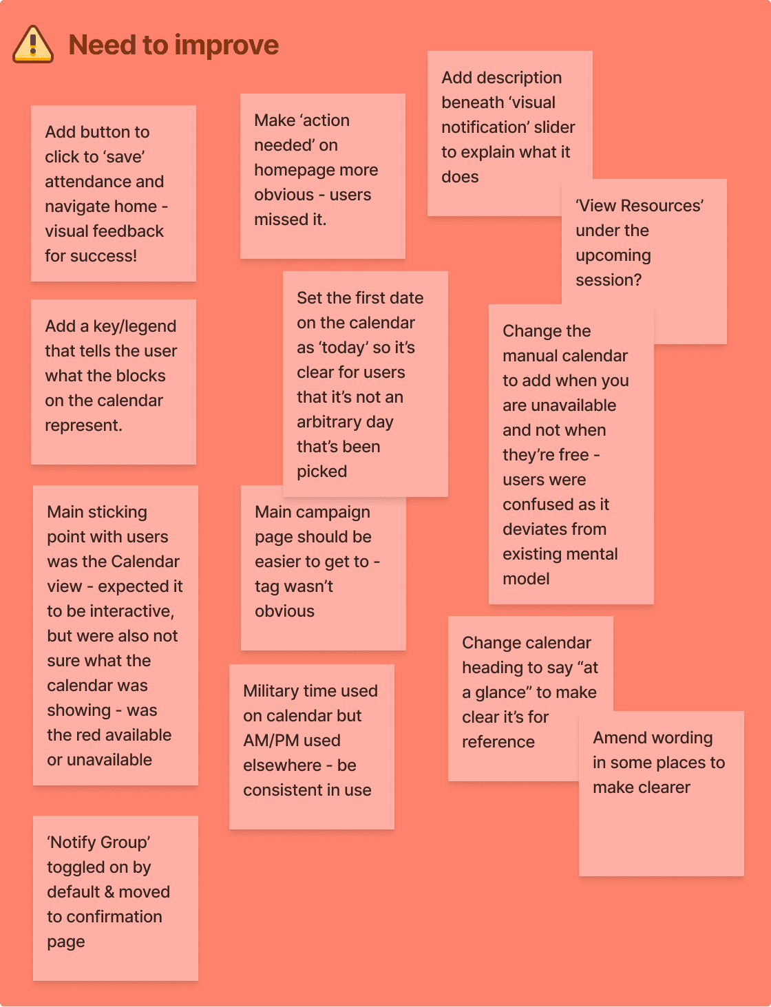 The 'need to improve' section of a feedback grid. It features comments like 'make action needed more obvious', 'main sticking point was calendar not being interactive' and 'add description to explain the calendar' in orange post-it notes.