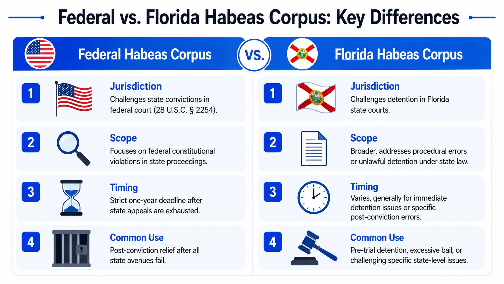 A comparison chart outlining key differences between Federal and Florida state habeas corpus legal proceedings.