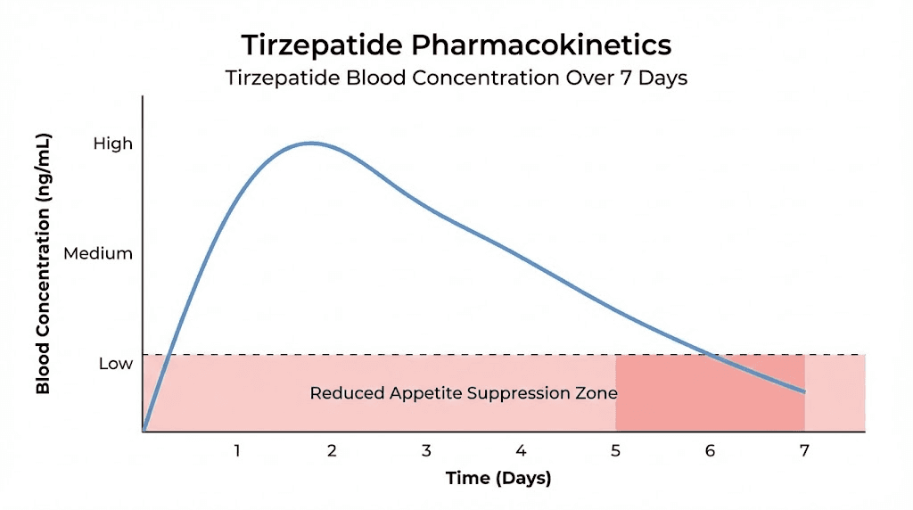 Tirzepatide blood concentration curve over 7-day dosing cycle