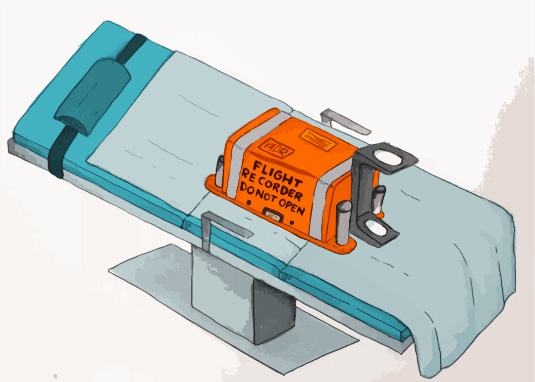 Cartoon depiction of an airplane black box in an operating room