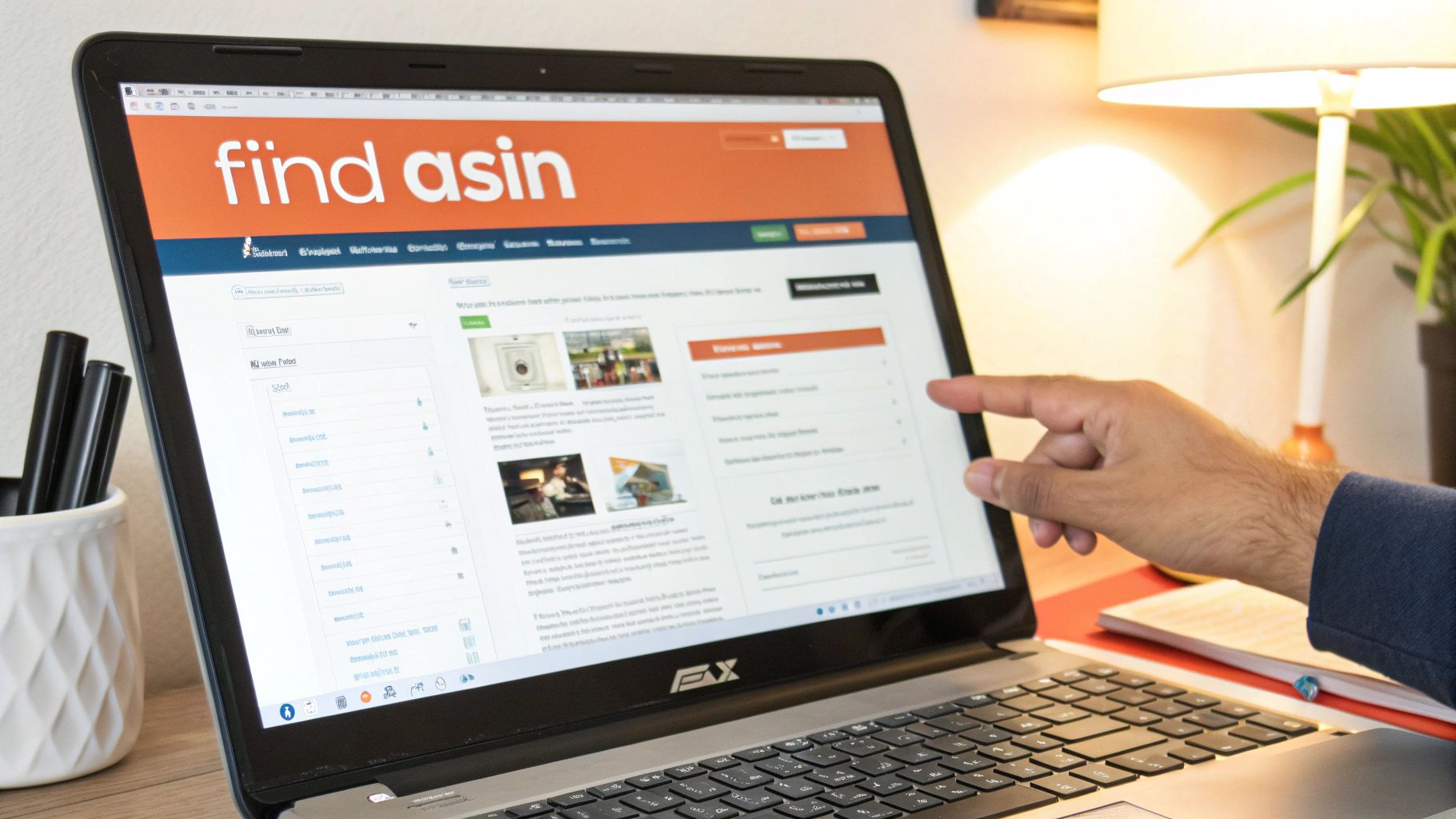Close-up of a person using a laptop displaying the 'find asin' website, with a hand pointing at the screen.