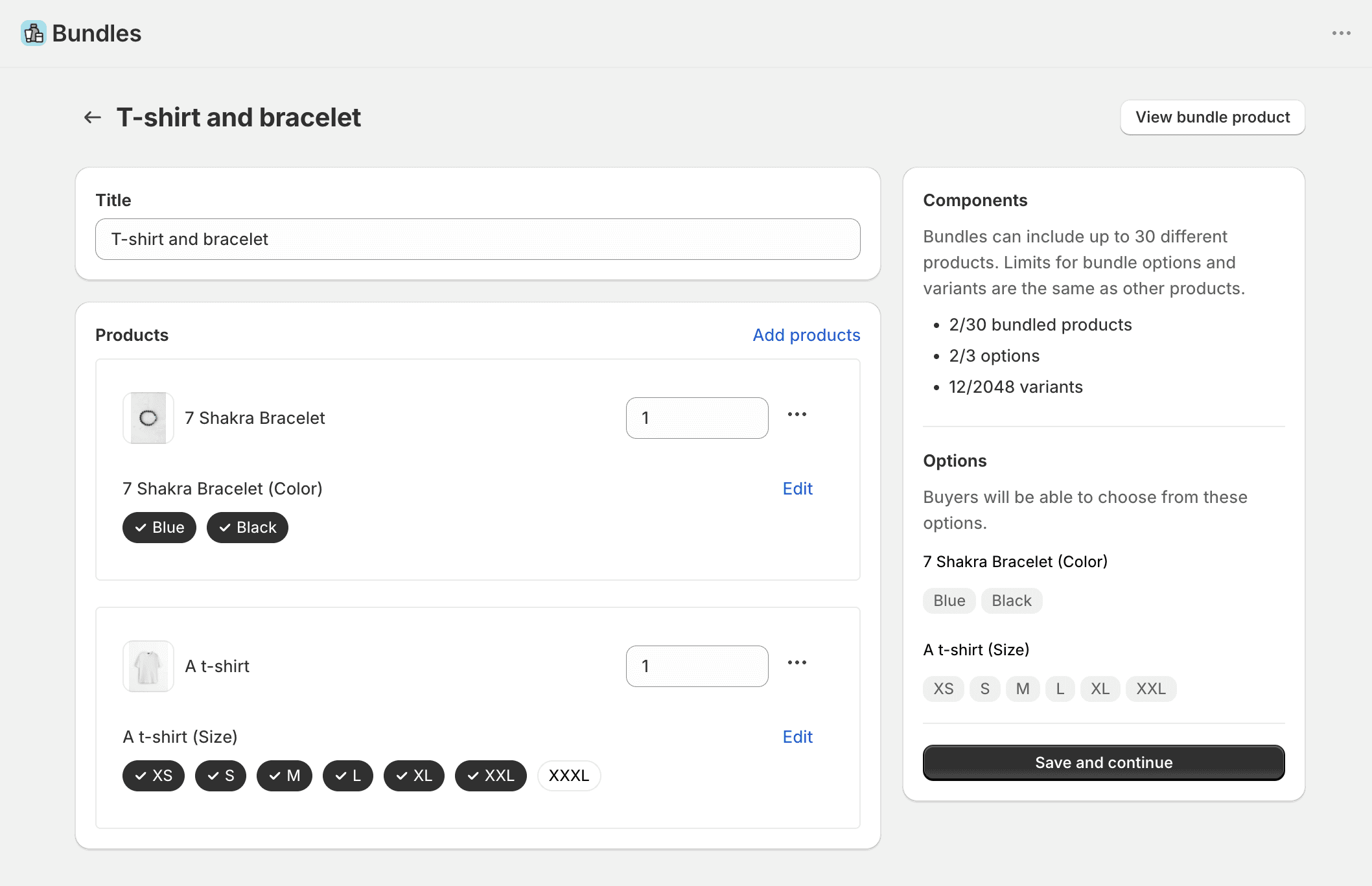 Shopify Bundles editor showing a t-shirt and bracelet bundle at 2 of 3 options