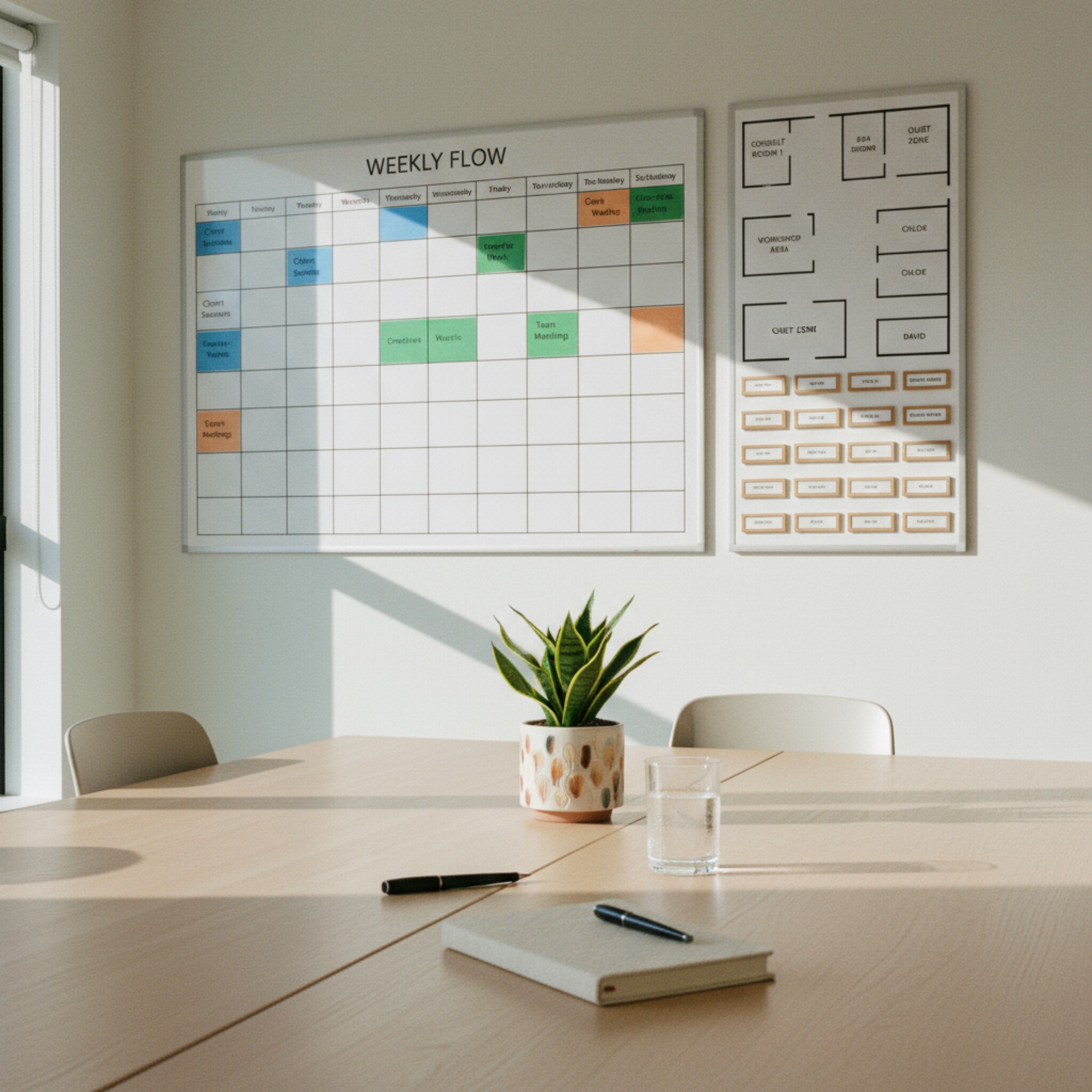 Ein minimalistisches Whiteboard zeigt eine sauber strukturierte Wochenübersicht mit markierten Zeitfenstern. Daneben hängt ein dezenter Raumplan mit Namen auf magnetischen Kärtchen. Sonnenlicht fällt auf den ordentlichen Besprechungstisch. Der Eindruck: klare Slots, keine Überschneidungen, jeder Platz hat seine Zeit.
