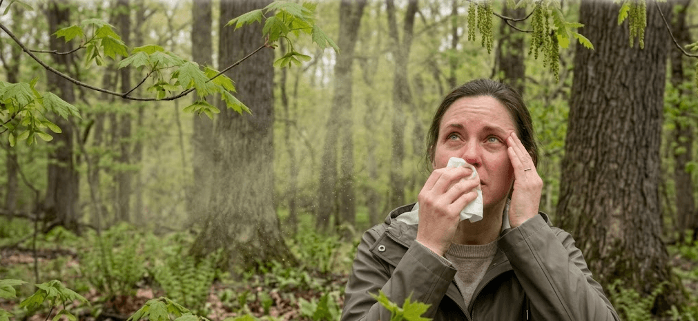 A woman experiencing seasonal allergy symptoms in a Bedford forest during peak Maple and Oak pollen season in Middlesex County.