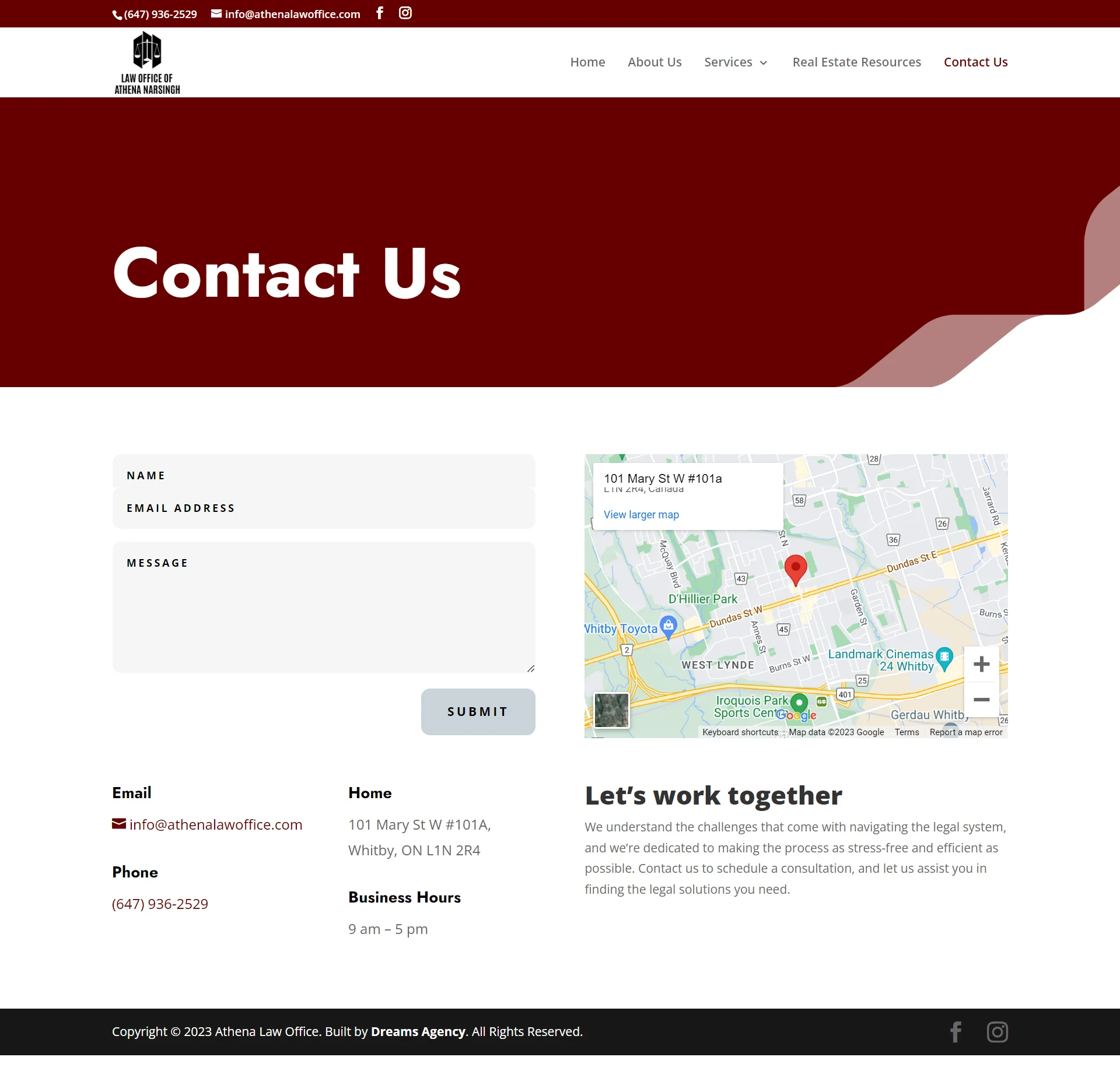 contact us page for athenalawoffice website developed & designed by Dreams Agency Mississauga, Ontario
