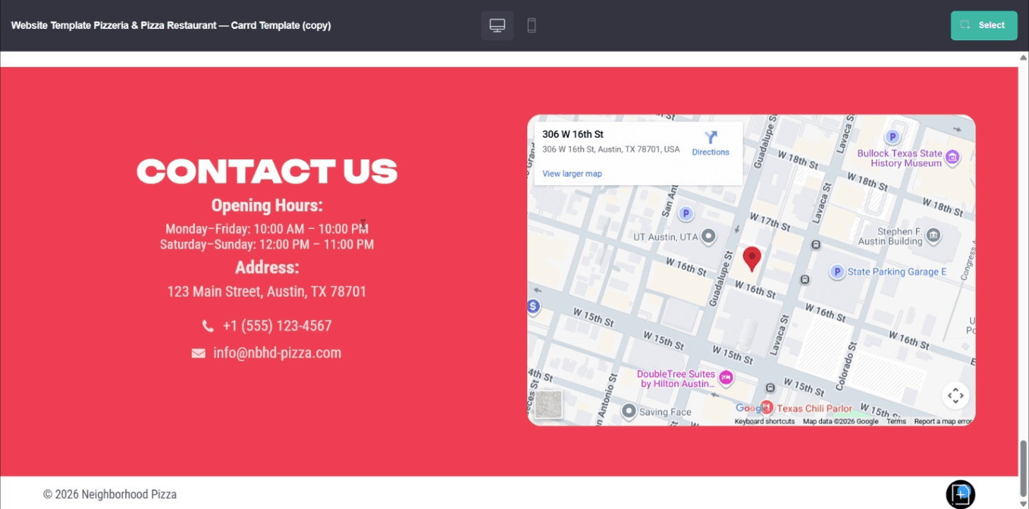 Carrd preview with the embedded Google map