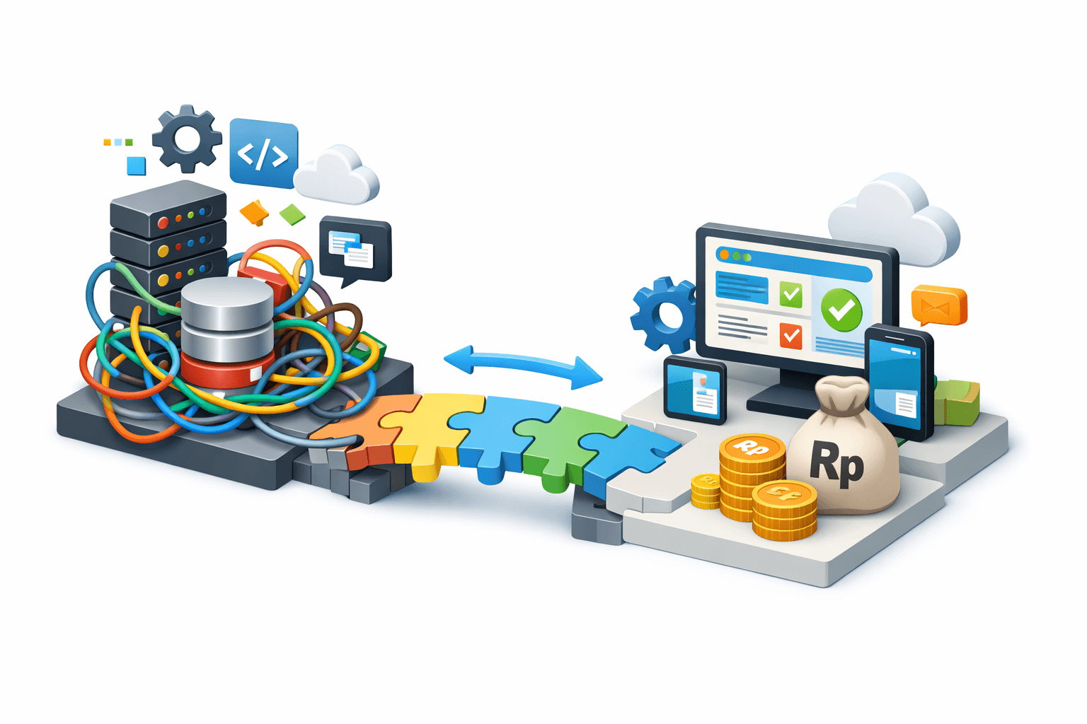 Ilustrasi transformasi integrasi data dari sistem legacy yang kompleks ke platform digital yang terstruktur dan bernilai bisnis. Di kiri, server dan database dengan kabel kusut, ikon kode/API, dan cloud menggambarkan integrasi lama yang rumit. Di tengah, potongan puzzle berwarna dan panah dua arah menandakan proses penyelarasan dan orkestrasi.  Di kanan, dashboard modern pada monitor, tablet, dan smartphone menampilkan checklist hijau (validasi), roda gigi (otomasi), dan ikon chat (kolaborasi). Kantong uang bertanda Rp dan koin merepresentasikan nilai finansial yang terealisasi. Visual menekankan peralihan ke arsitektur modular, tervalidasi, dan siap skala yang menghasilkan efisiensi dan nilai bisnis.
