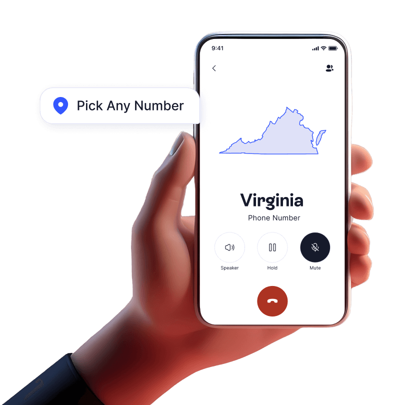 Hand holding mobile device with incoming business call from Virginia displayed using LinkedPhone 2nd phone number app