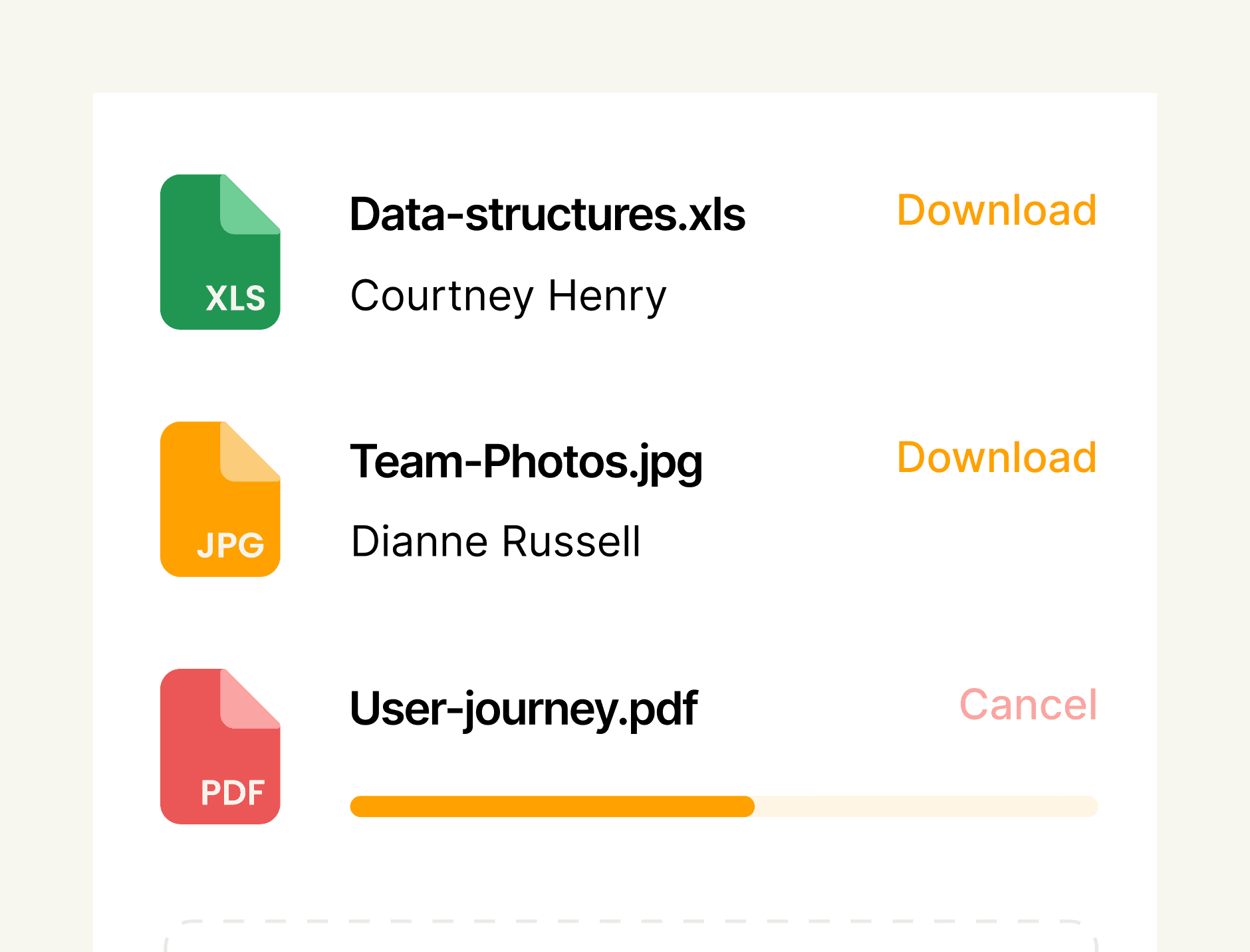 File management interface showing documents, upload progress, and download options
