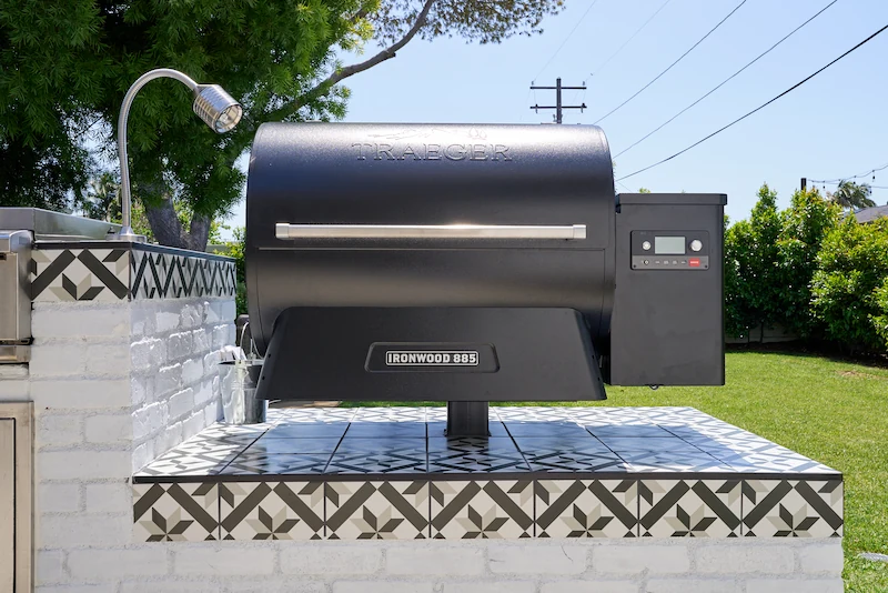 Close-up of a surface mounted outdoor BBQ from the Costa Mesa Exterior Remodel project. Photo by Todd Huge.