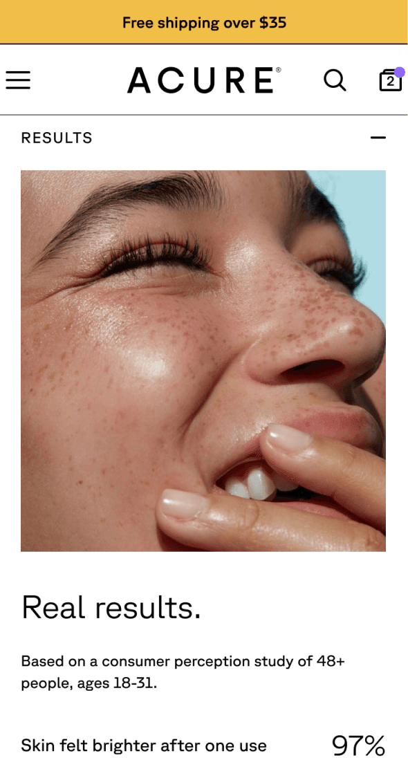 Mobile results section highlighting customer proof and skin benefits