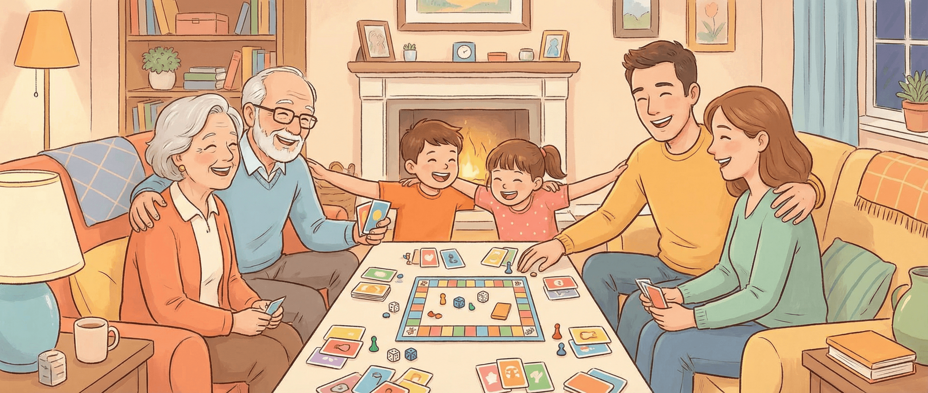 Dessin d'un famille qui jouent ensemble à un jeu de société