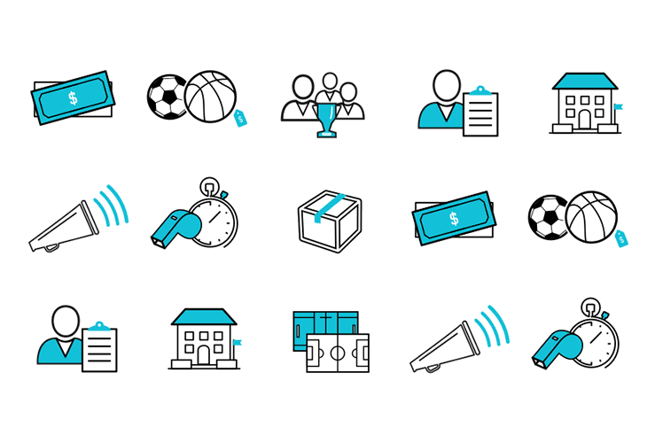 A grid of icons depicting various sports-related concepts. The icons include money, soccer balls, basketballs, trophies, clipboards, megaphones, stopwatches, clocks, buildings, and dollar bills. Each icon is outlined in black and filled with light blue.
