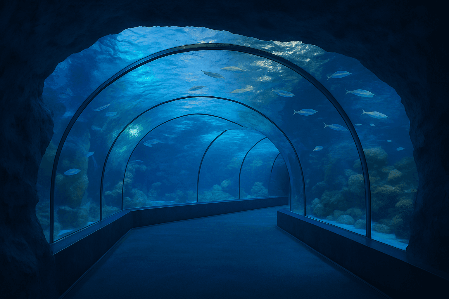 View of the shark tunnel in Suzanne and Walter Scott Aquarium