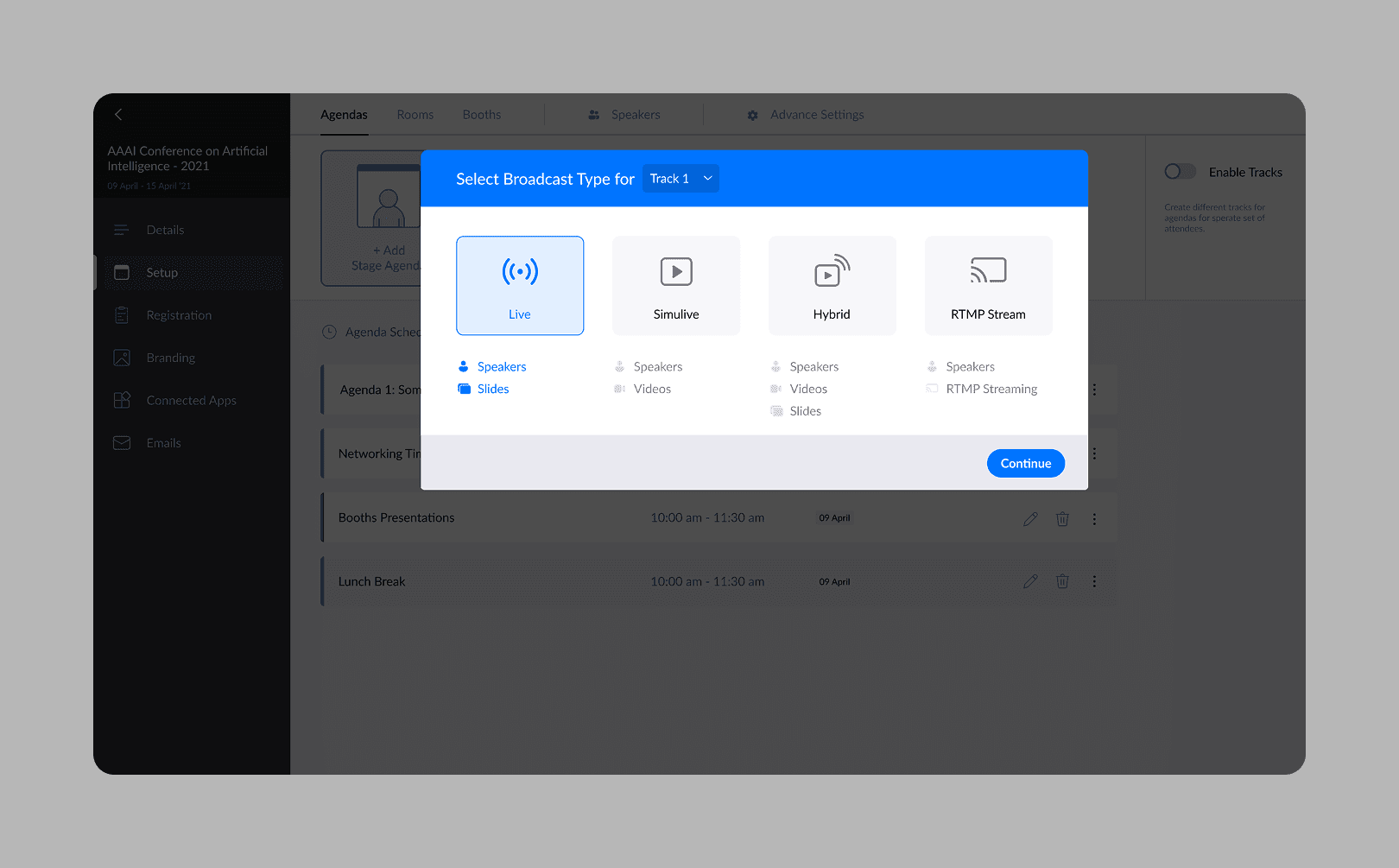 Clear broadcast-type selection flow that helps organizers choose the right streaming setup based on event format and technical needs.