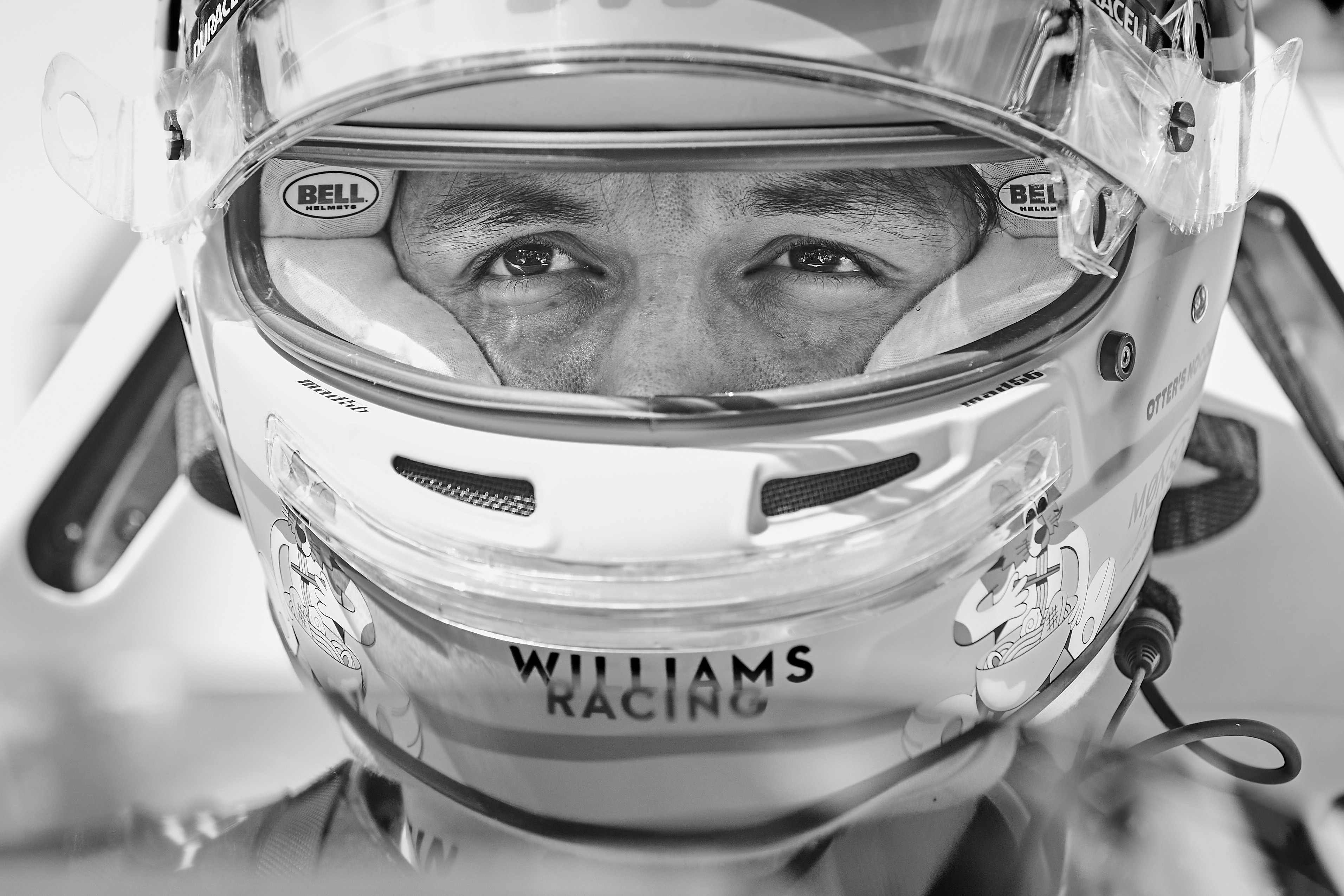 Black and white image Alex Albon Formula 1 driver for Williams, Formula 1 photography