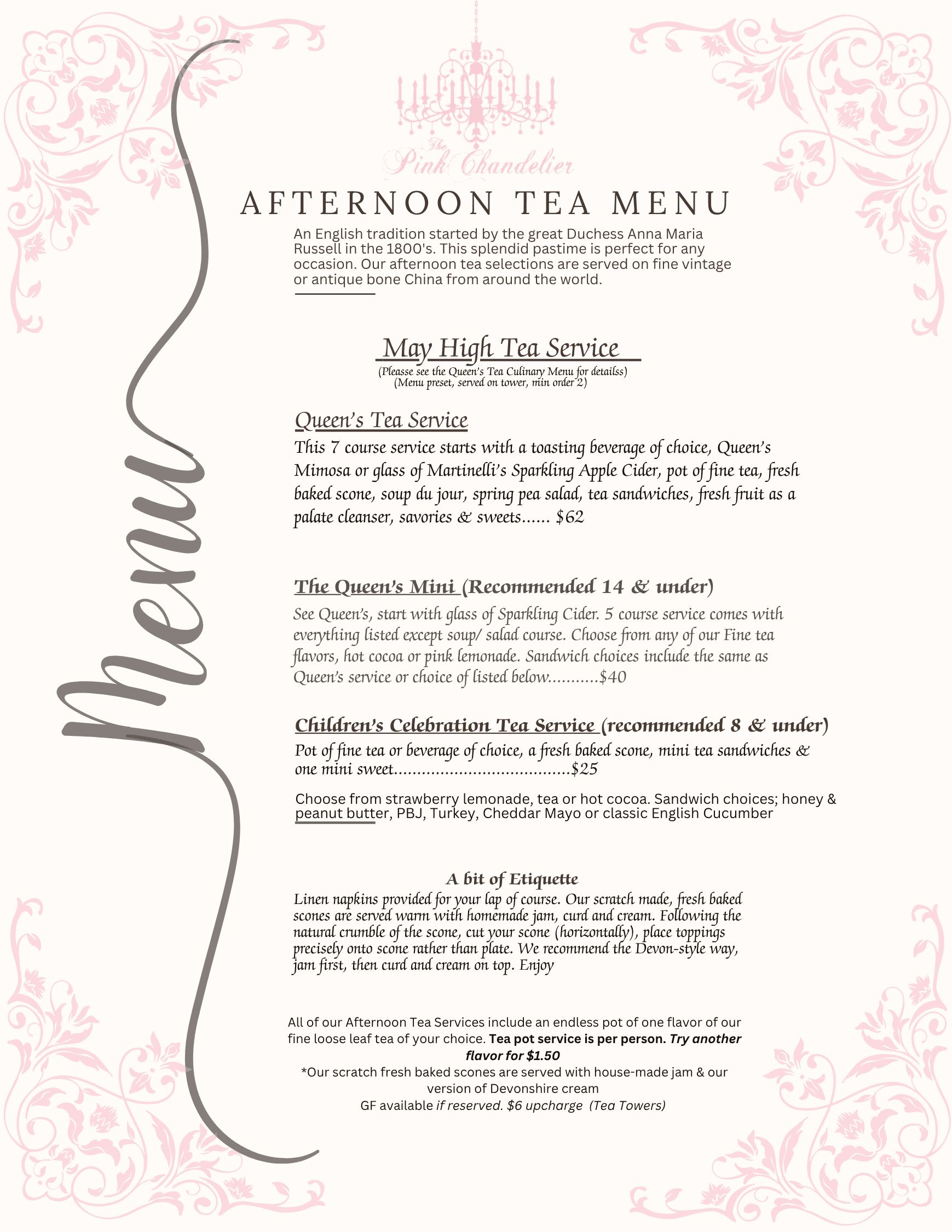 Afternoon Tea Menu at The Pink Chandelier
