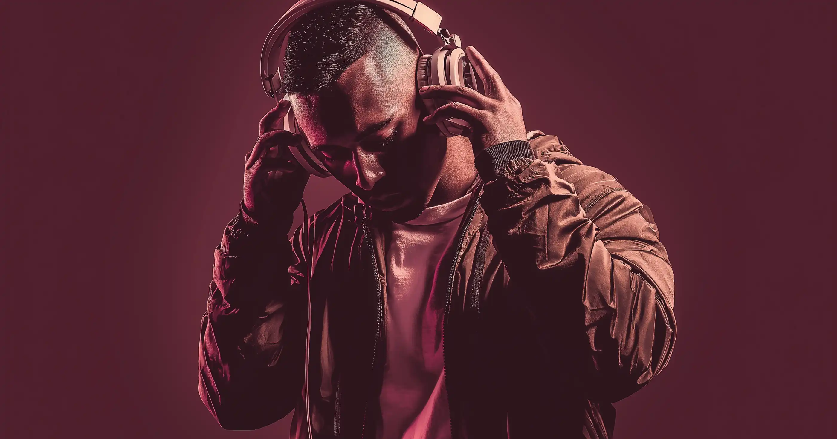 Male musician wearing headphones and a brown jacket listening to music under moody pink studio lighting, representing creativity and modern music culture.