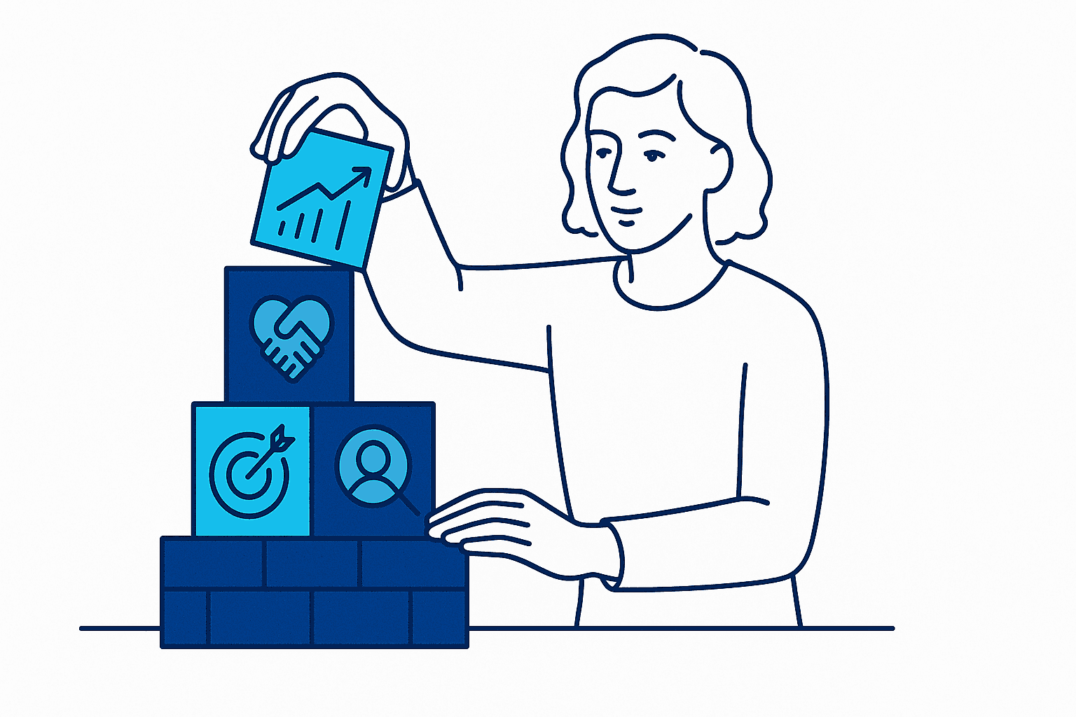 A woman builds pyramid, representing a strong foundation of Web3 KOL outreach