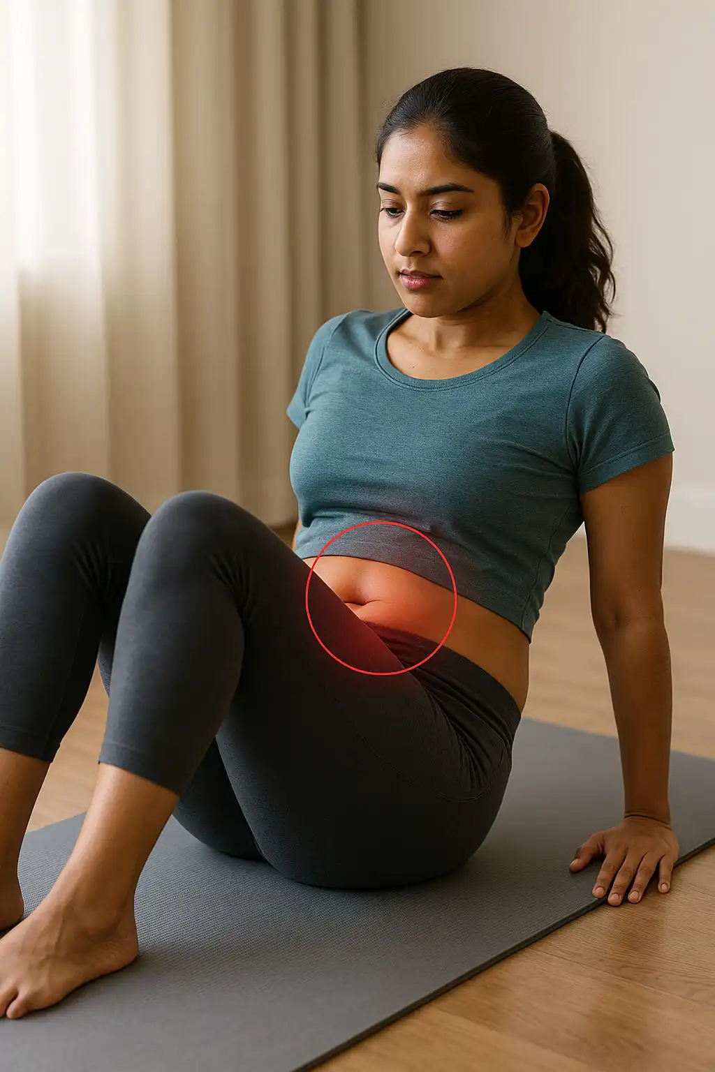 Woman performing a core-strengthening exercise with visible abdominal strain, representing physiotherapy for weak core muscles.