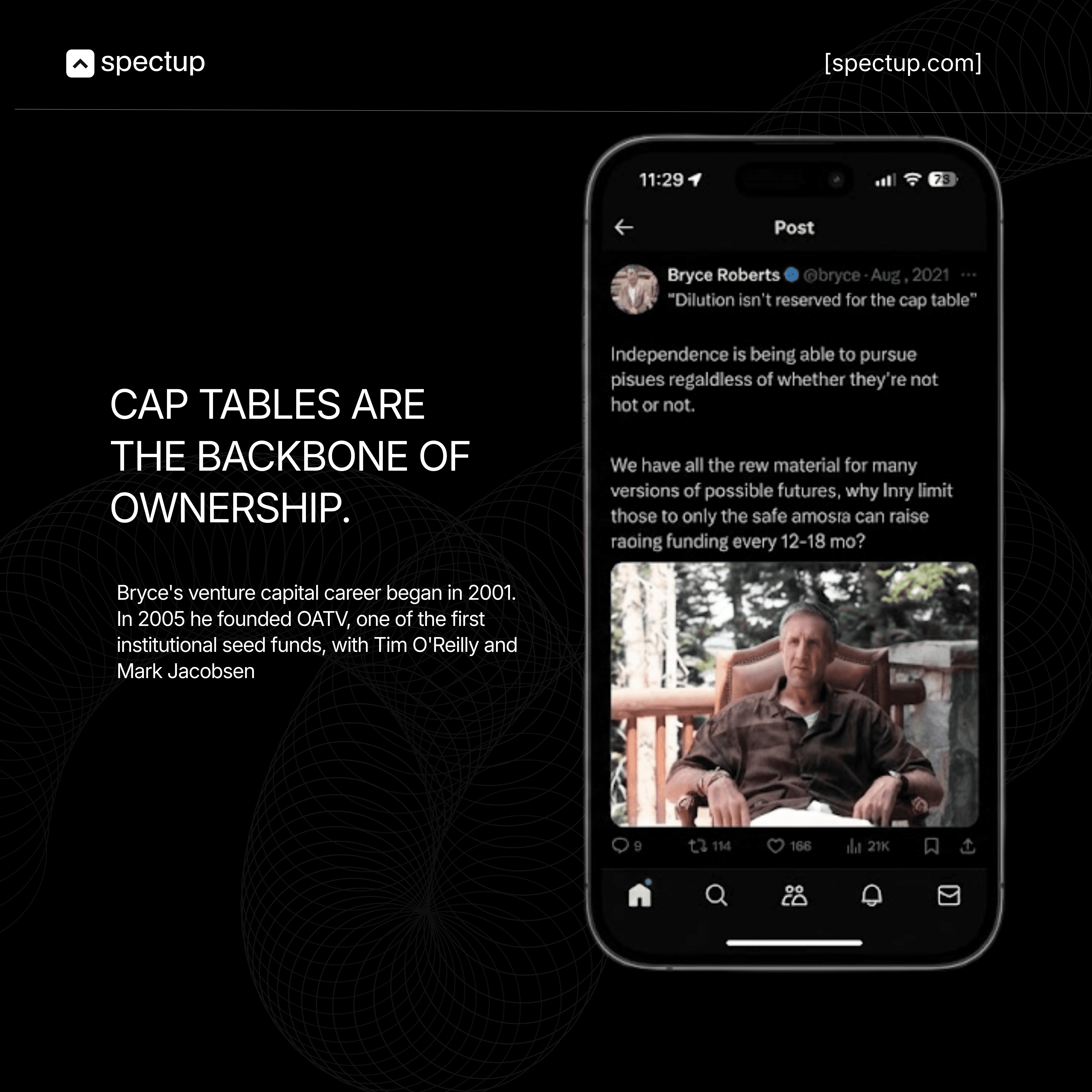 Bryce's venture capital career began in 2001. In 2005 he founded OATV, one of the first institutional seed funds, with Tim O'Reilly and Mark Jacobsen, ohoto explaining his tweet on cap table management and how it is the backbone of any startup