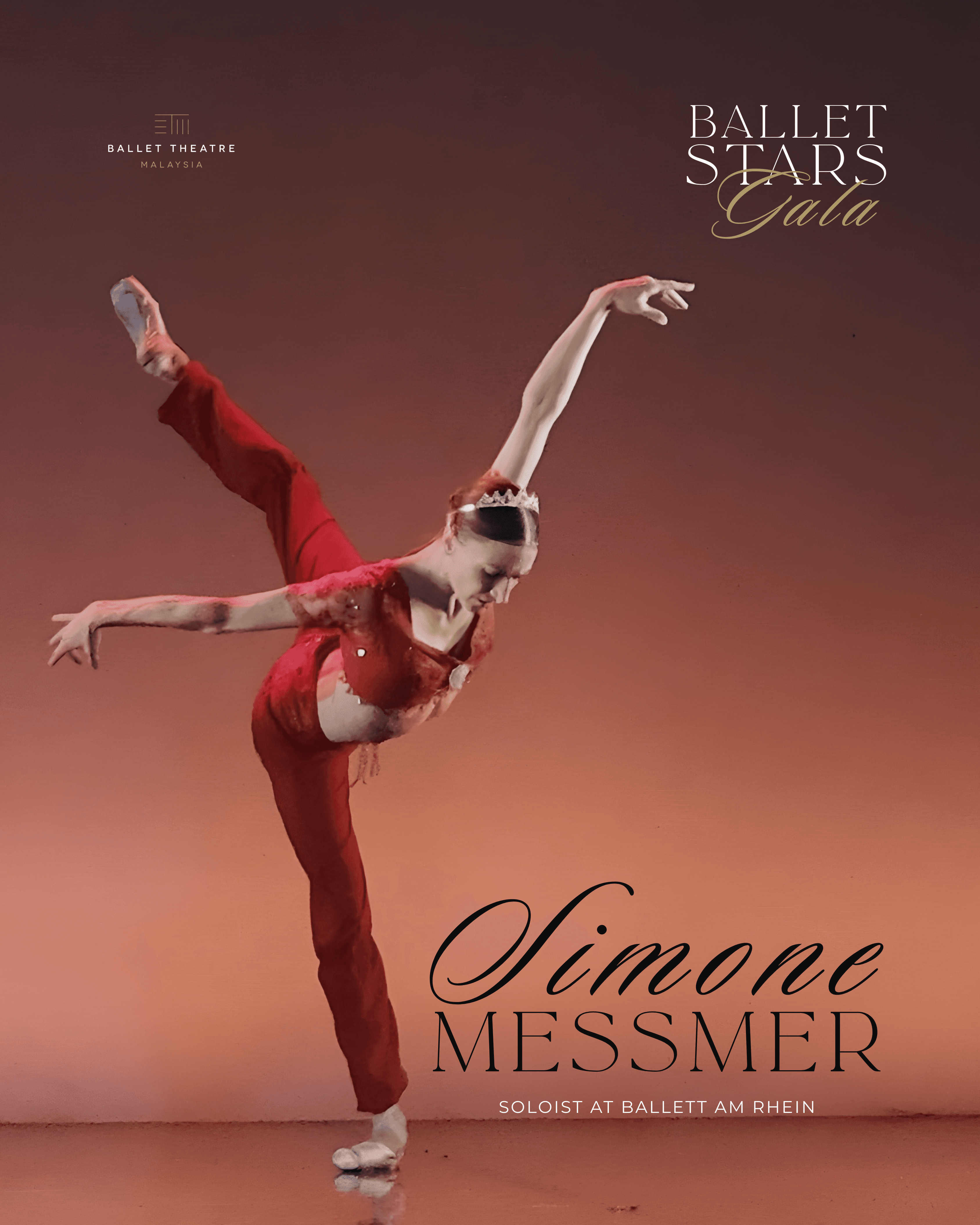 A ballet dancer in a dramatic pose wearing a red costume, showcasing a high leg extension and elegant arm positioning against a gradient background. Text overlay includes 'Ballet Stars Gala' and the dancer's name, 'Simone Messmer'.