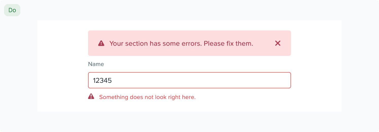 A banner example showing a generic error message followed by an input field with more specific details