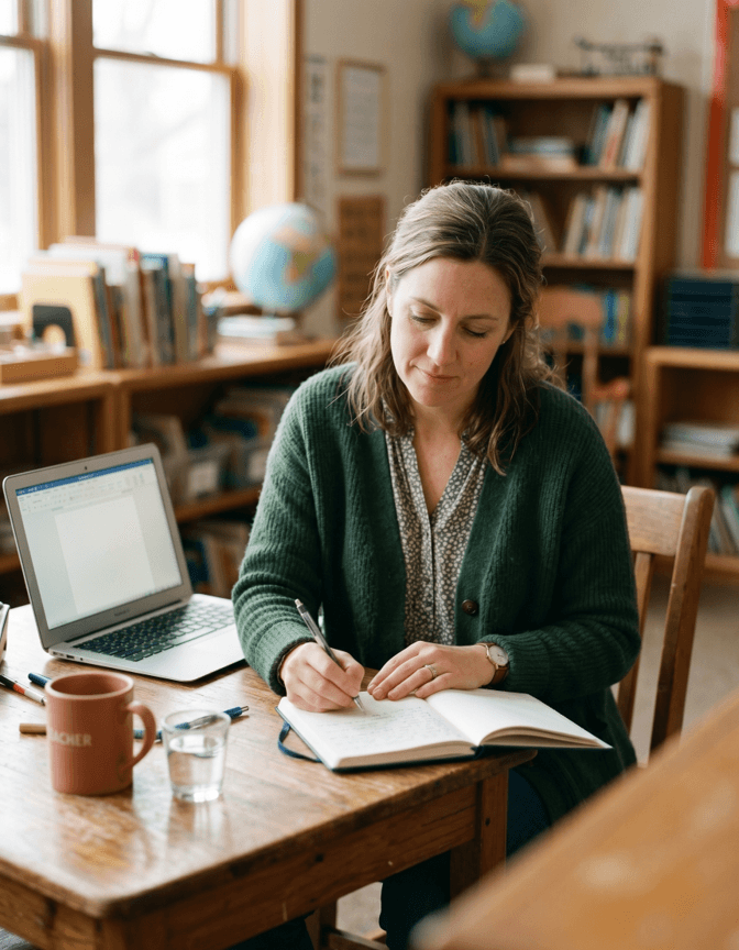 Teacher sitting at a desk with a laptop open, writing reflective notes in a notebook