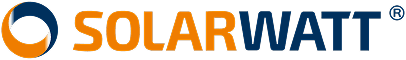 Logo von SOLARWATT mit einer stilisierten Sonne und kräftigem Schriftzug in Orange- und Blautönen.