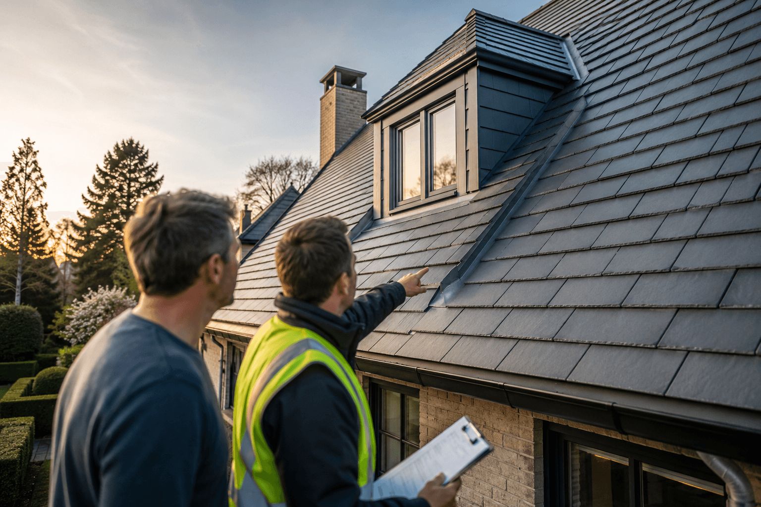 Photographie rapprochée en angle contre-plongée montrant la précision de la pose d'une toiture en tuiles grises neuves sur une maison à Wezembeek-Oppem. Au premier plan, on distingue les mains et les visages d'un propriétaire et d'un entrepreneur vérifiant ensemble la finition des travaux avec satisfaction.