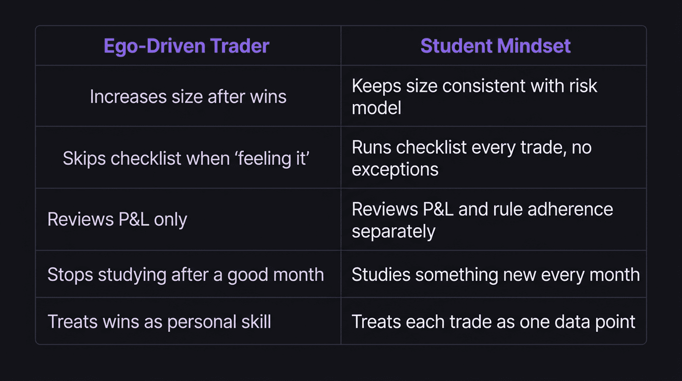Comparison table showing ego-driven trader behavior versus student mindset behavior