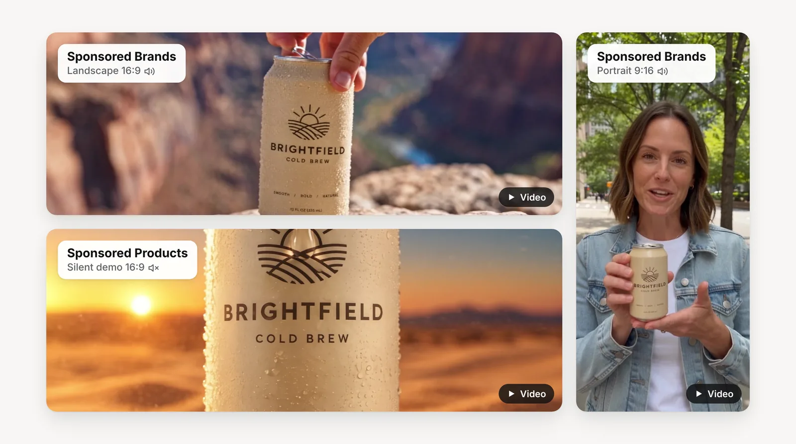 Three Amazon video formats side by side: a Sponsored Brands landscape frame, a Sponsored Brands portrait frame and a silent Sponsored Products frame