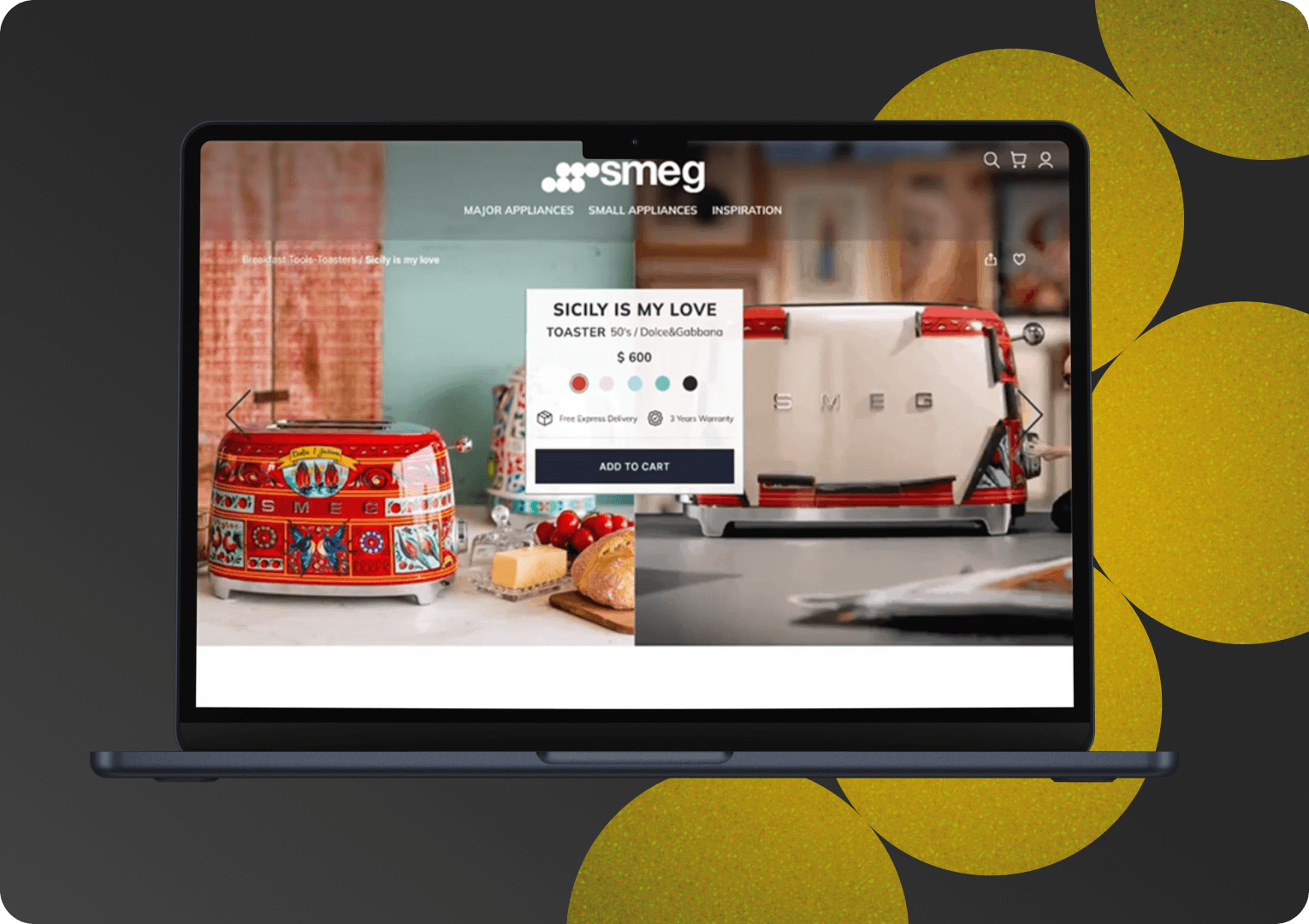 A mockup for a Macbook place on a table for Smeg's website