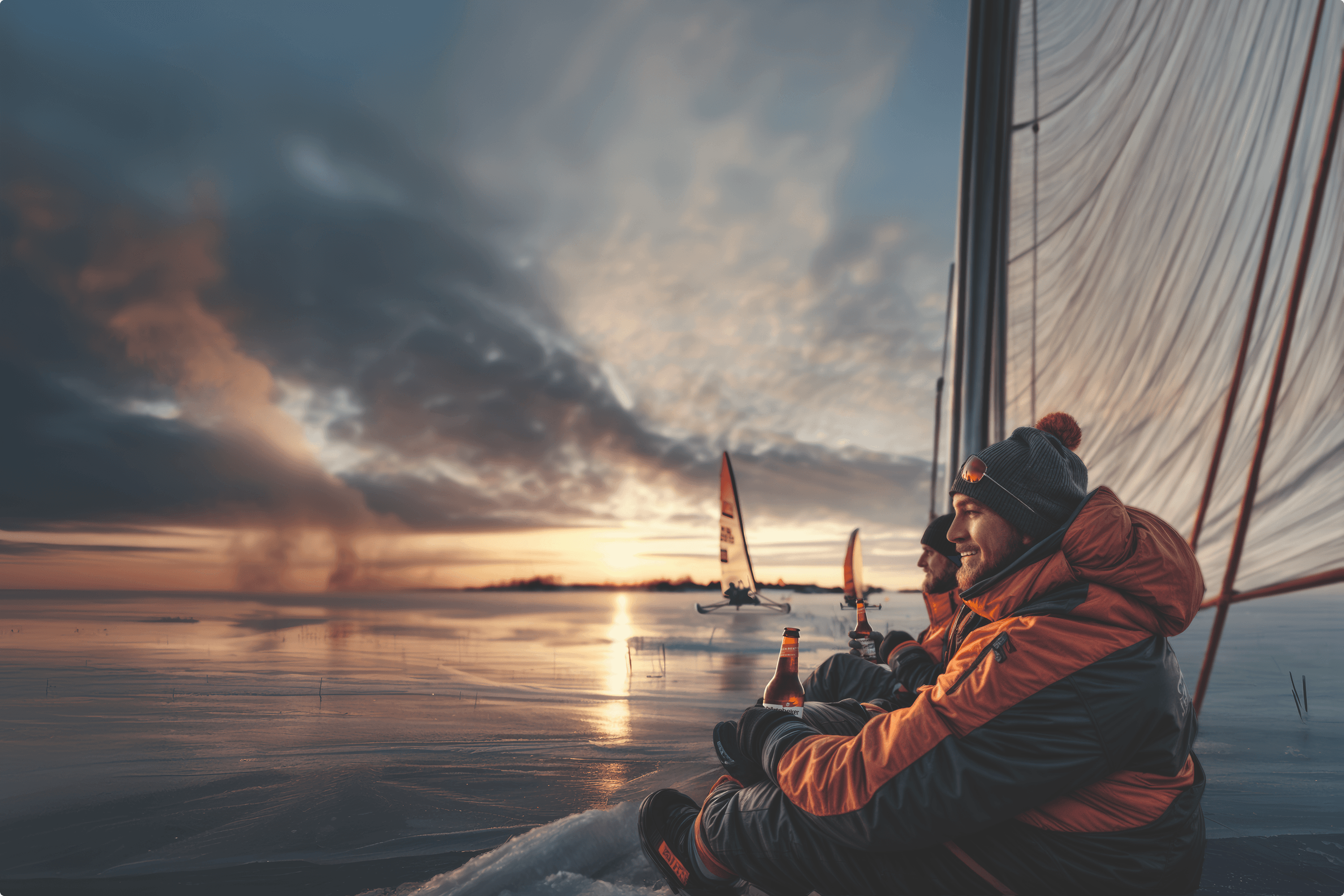 Two men in orange winter jackets drinking beer on ice