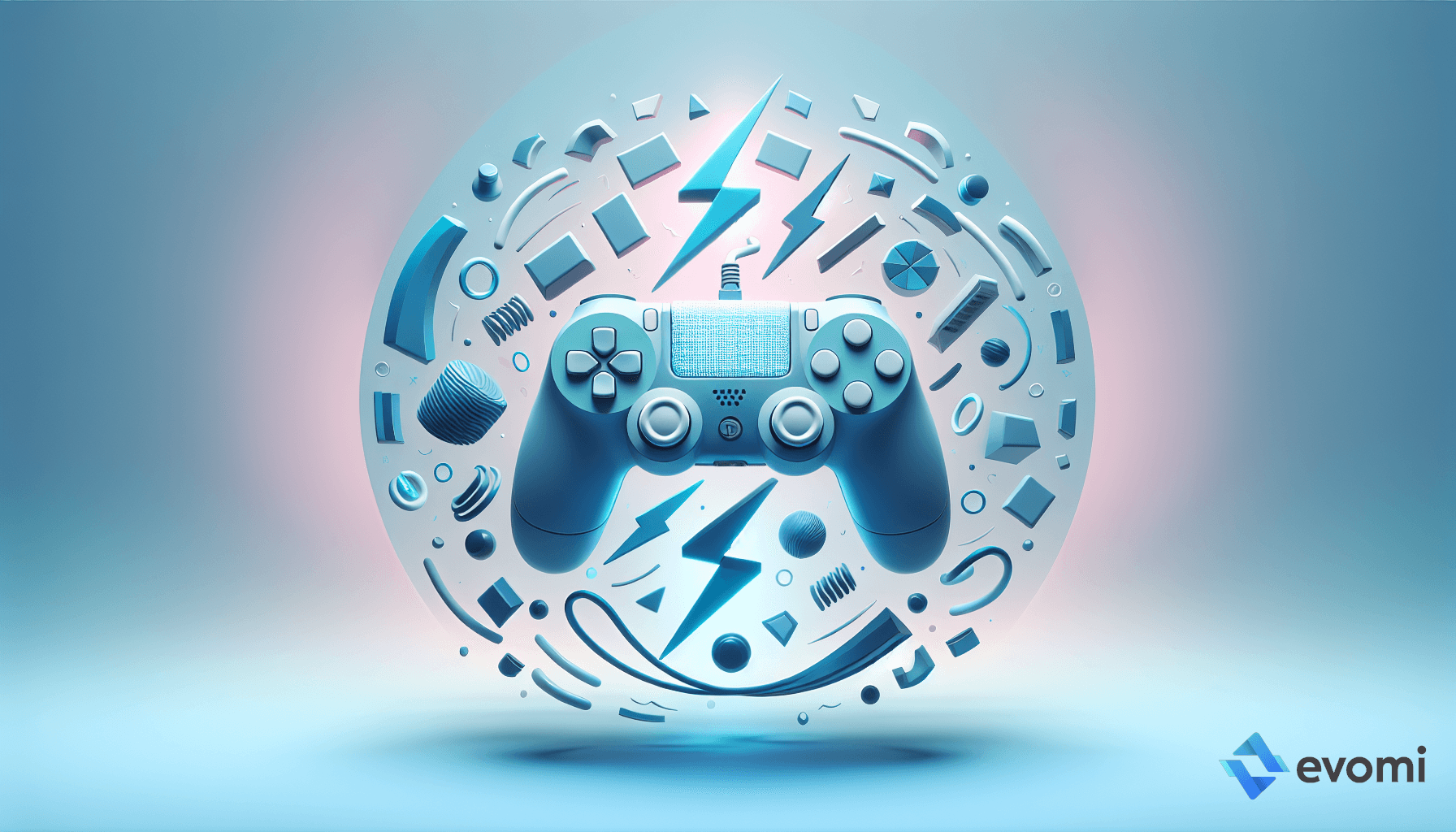 llustration of a video game controller surrounded by gaming icons and symbols.