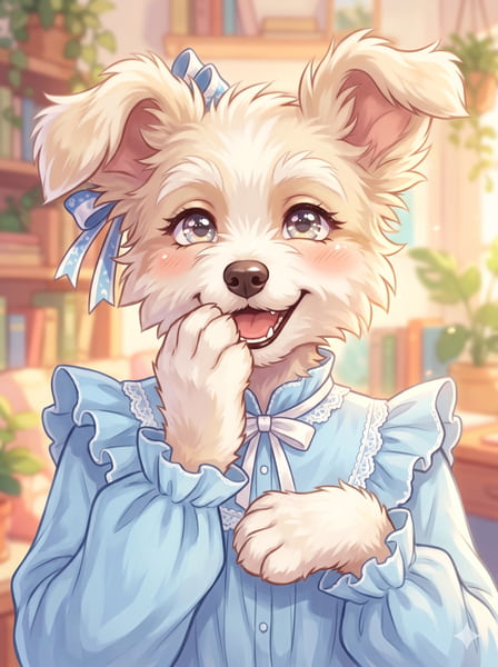 Giggling small dog Furry femboy pfp covering mouth.