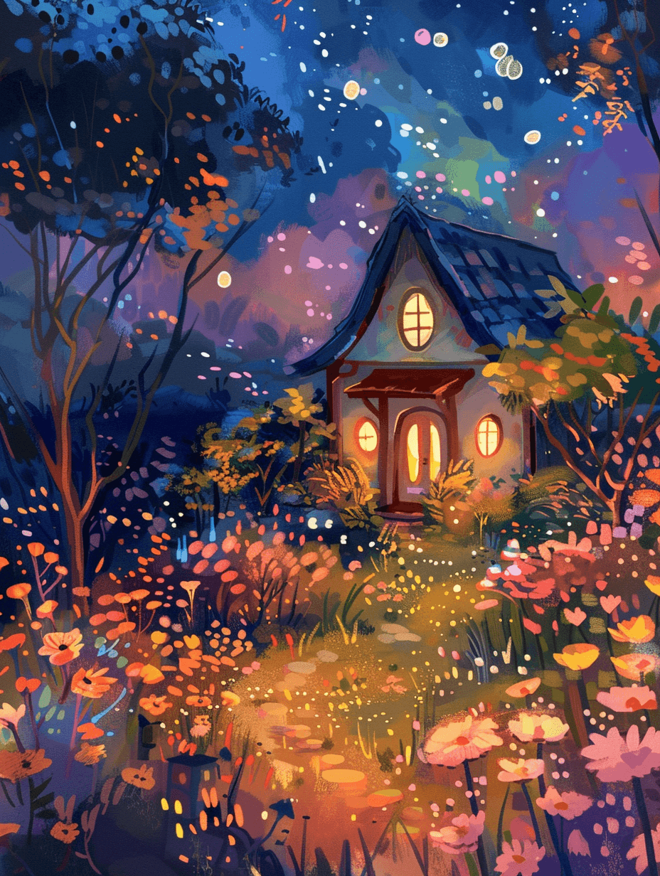 a fairy tale house in an extraterrestrial garden with alien plants, glowing flowers, and strange, ethereal creatures floating around, set complying in the backdrop of a colorful nebula.