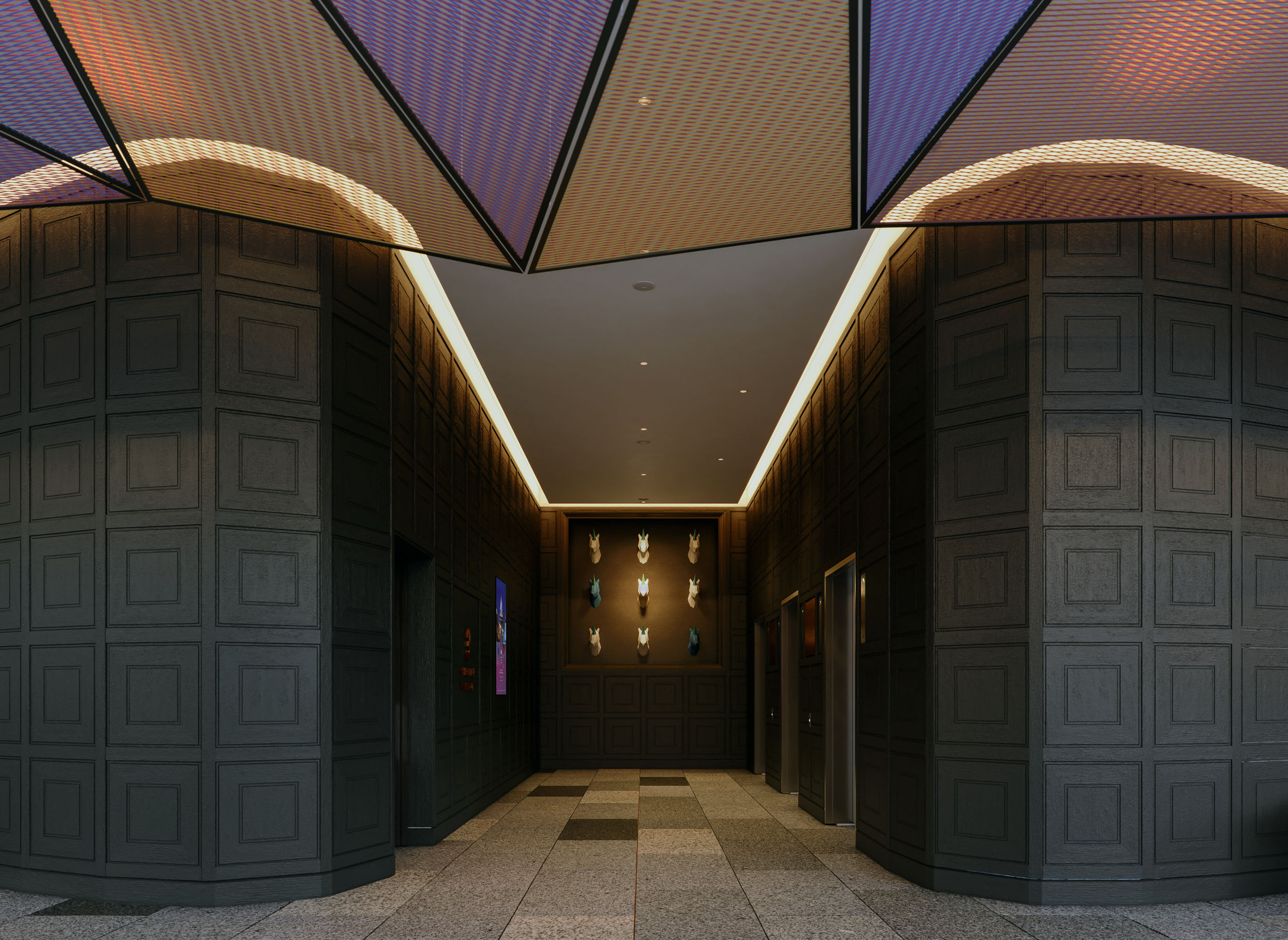 Architectural CGI render of hotel lobby.